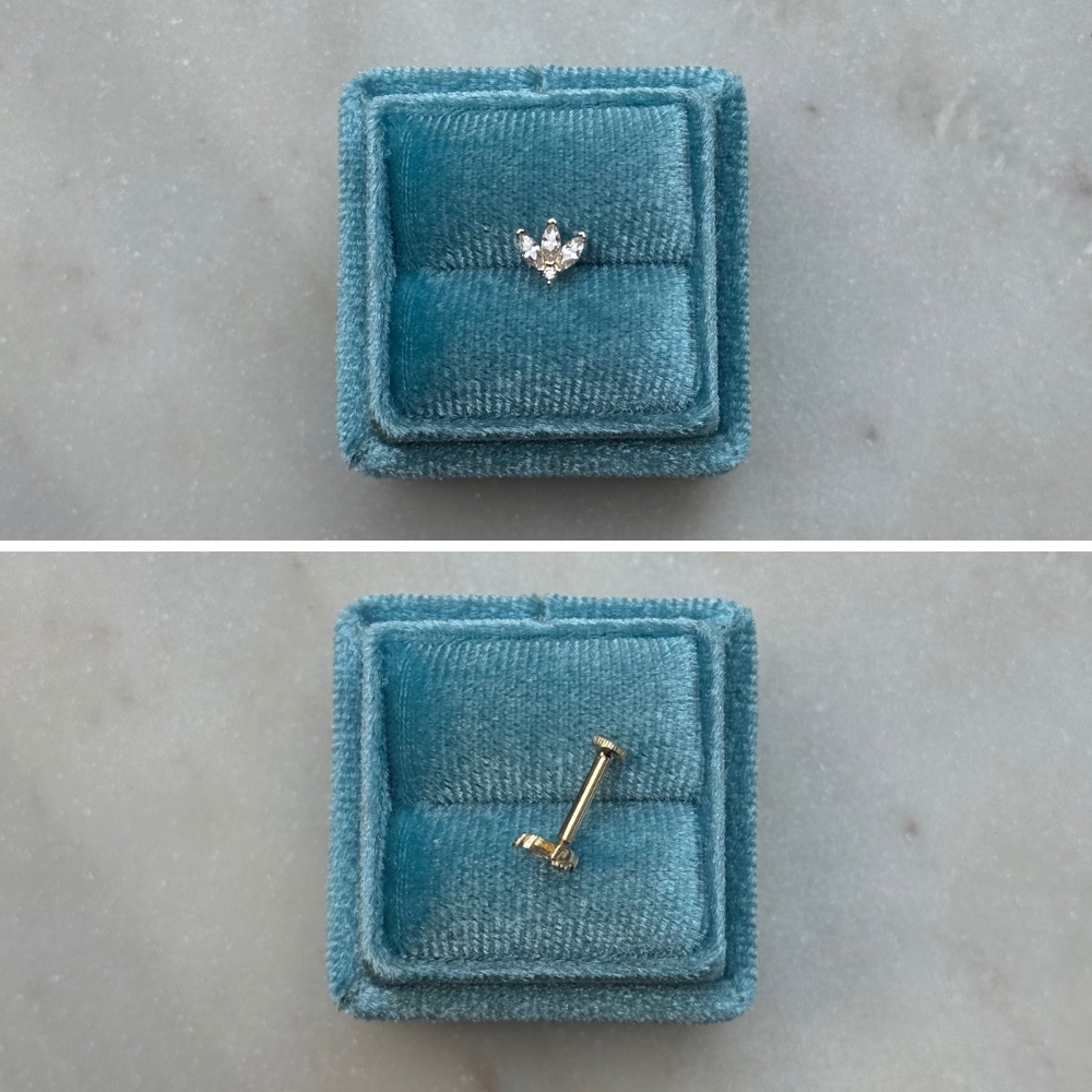 Piercing kolczyk do piercingu złoto 585 14k kwiatek trzy listki z kamieniami cyrkoniami 7mm 0,7cm labret płaski tył wkręcany wygodny upper lobe conch helix tragus flat