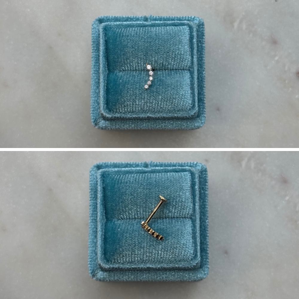 Piercing kolczyk do piercingu z cyrkoniami złoto 585 14k labret płaski tył wkręcany wygodny 0,7cm 7mm helix tragus upper lobe flat conch łuk księżyc moon