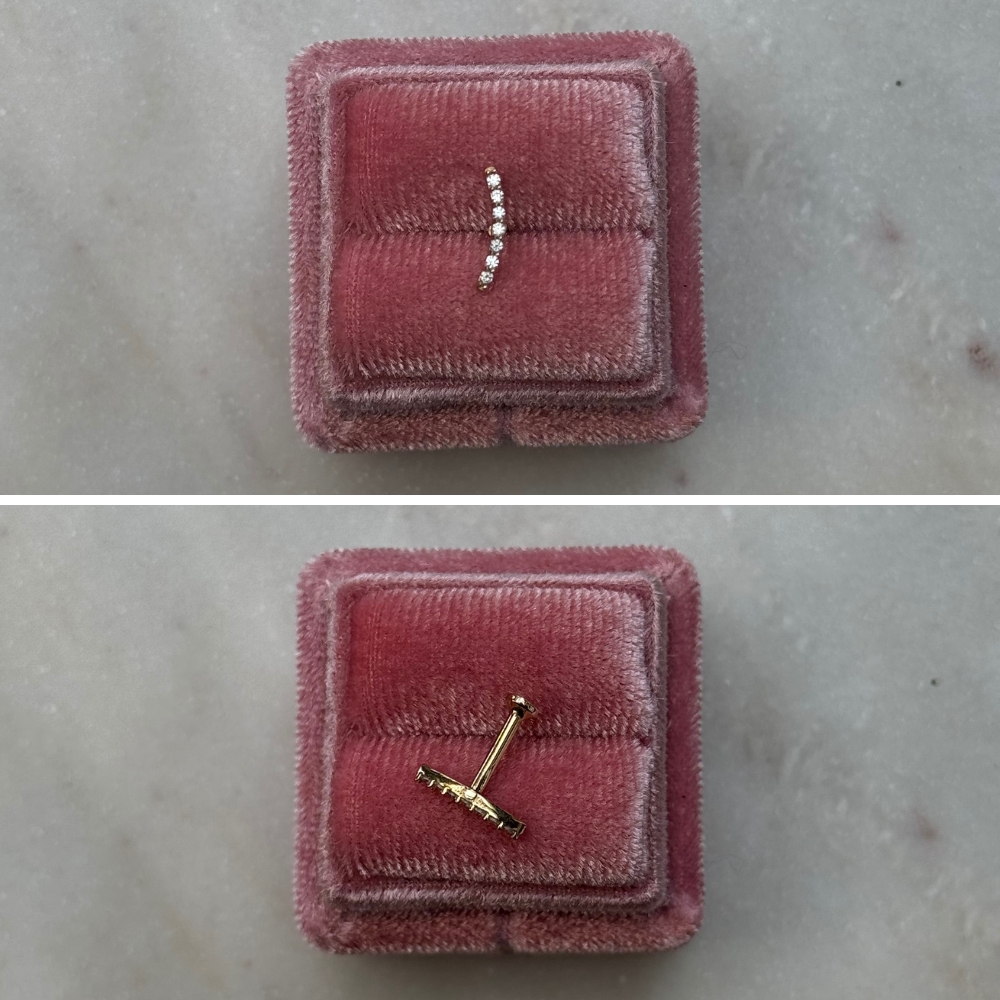 Piercing kolczyk do piercingu złoto 585 14k labret 7mm 0,7cm wkręcany wewnetrzny gwint płaski tył wygodny cyrkonie łuk półokrągły ułozone cyrkonie rząd cyrkonii helix conch łuk