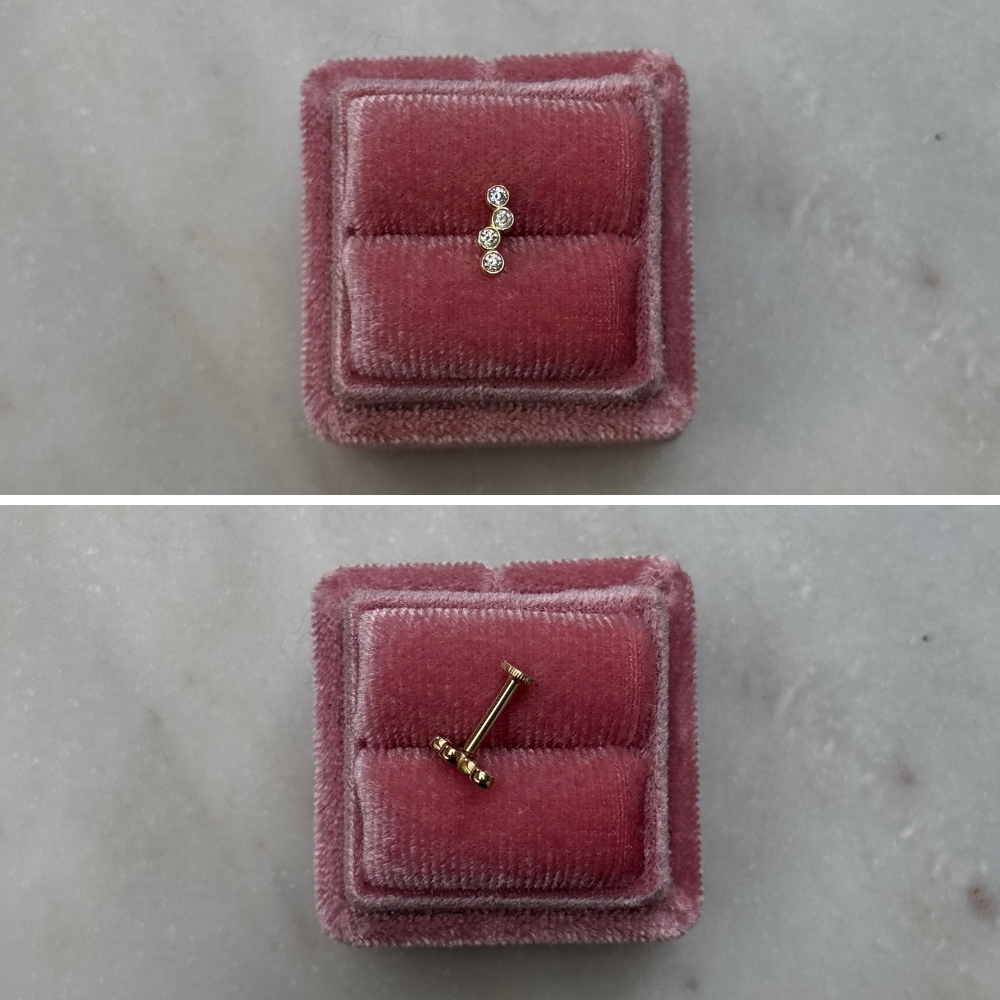 Piercing kolczyk do piercingu złoto 585 14k wkręcany 7mm wygodny labret płaski tył czterty cyrkonie z cyrkoniami błyszcący helix upper lobe flat tragus flat kolczyk ze złota