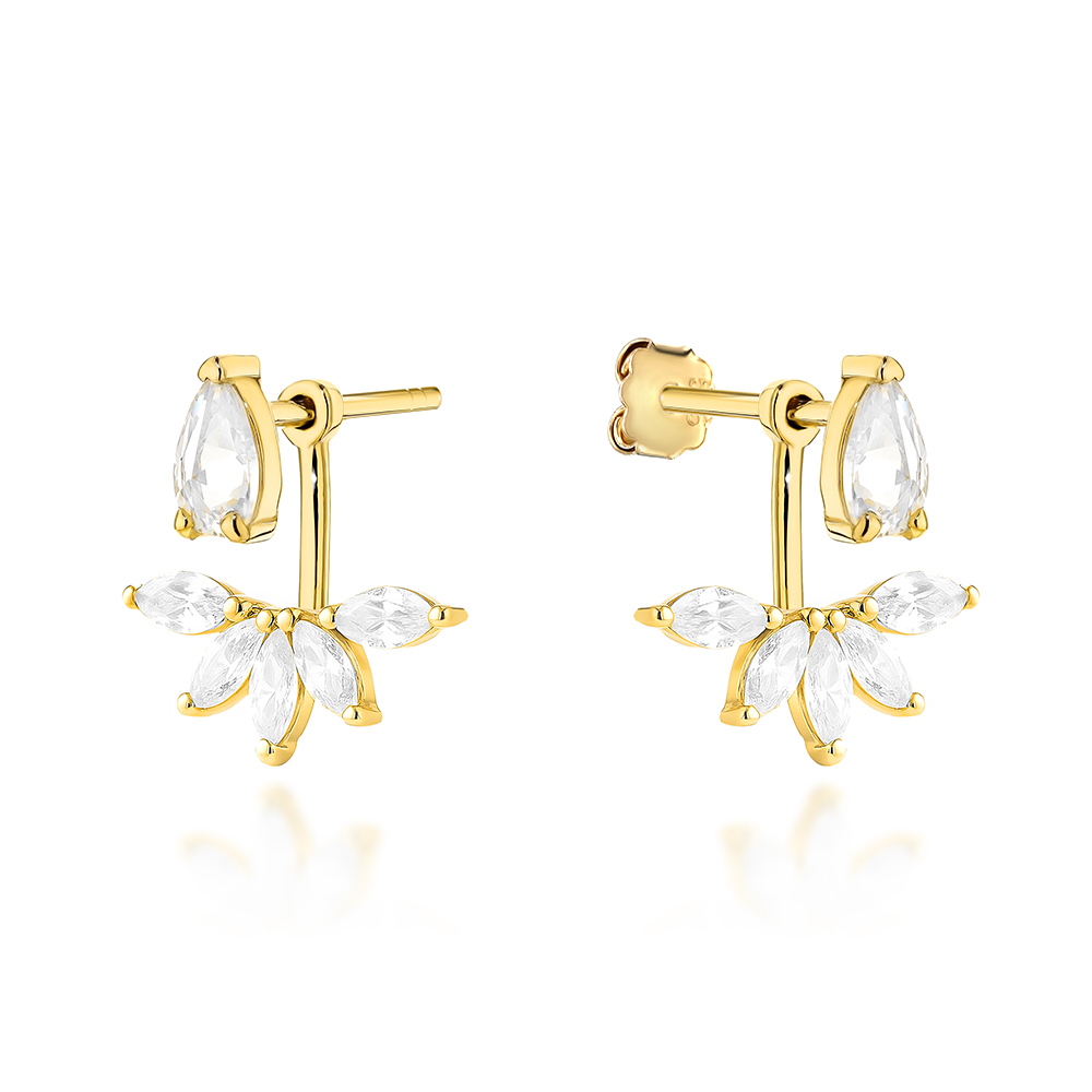 Kolczyki złote próby 0,585 14 karat cyrkonie zapinane na sztyft pod płatek ucha podwójne łezka i kwiatek idealne do piercingu kamienie