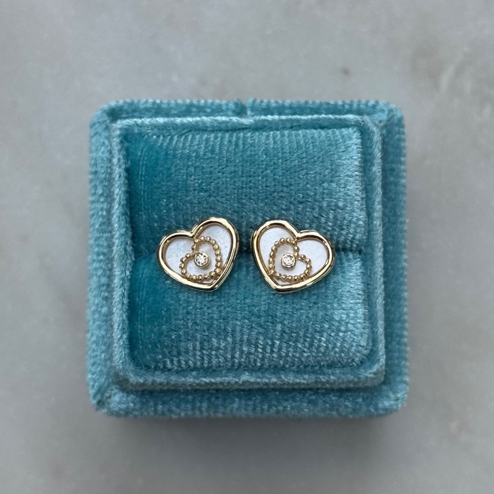 Złote kolczyki złoto 585 14k serca serduszka masa perłowa cyrkonia dwa serduszka serce w sercu prezent dla niej wyjatkowe kolczyki