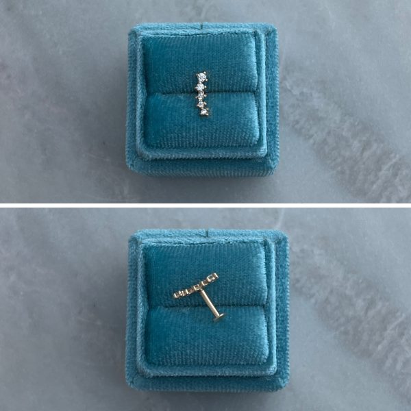 Kolczyk do piercingu labret wysadzany cyrkoniami z kamieniami płaski tył wkręcany złoto 585 14k podłuzny do helixa złoty kolczyki labret upper lobe conch