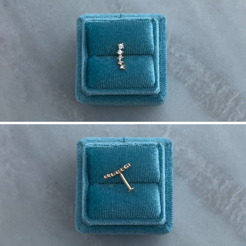 Kolczyk do piercingu labret wysadzany cyrkoniami z kamieniami płaski tył wkręcany złoto 585 14k podłuzny do helixa złoty kolczyki labret upper lobe conch