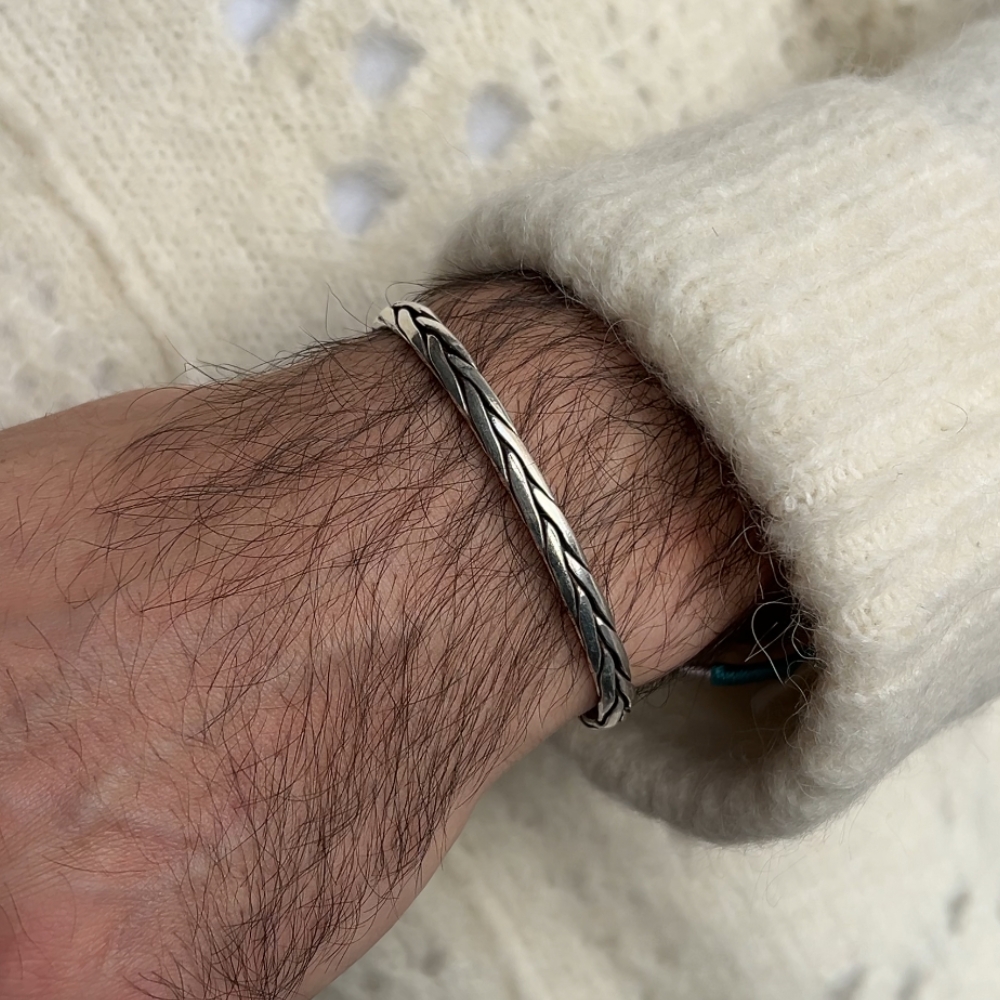 Sztywna srebrna bransoletka męska dla niego dla mężczyzny prezent dla niego srebro polerowane sztywna pleciona warkocz stylowa postarzana srebro 925