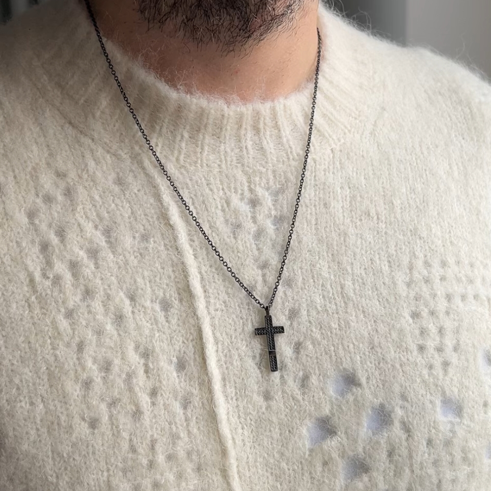 Męski łańcuszek z krzyżykiem naszyjnik łańcuszek srebro 925 pokryte czarnym rodem rodowane czarne cyrkonie dla niego męski dla mężczyzny prezent dla niego dla mężczyzny naszyjnilk z krzyżem