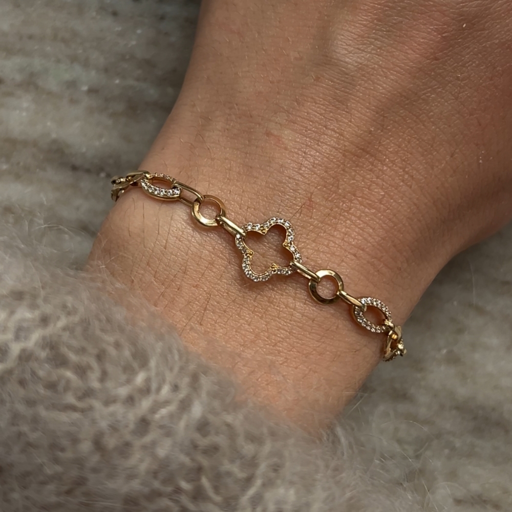 Złota bransoletka złoto 585 14k koniczyna koniczynka marokańska wysadzana kamieniami prezent dla niej najmodniejsza bransoletka koniczynka spinaczowy splot modna gruba złota bransoletka modowa stylowa