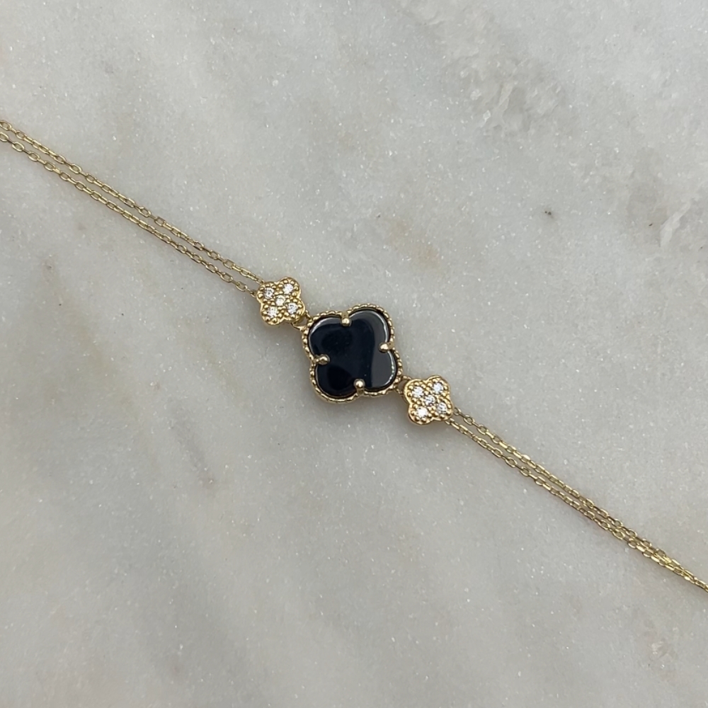 Złota bransoletka złoto 585 14k czarna koniczyna marokańska koniczynki wysadzane cyrkoniami kamień naturalny ceramika bransoletka czarna koniczyna luksusowa dla niej prezent wyjątkowa złota bransoletka dla niej prezent