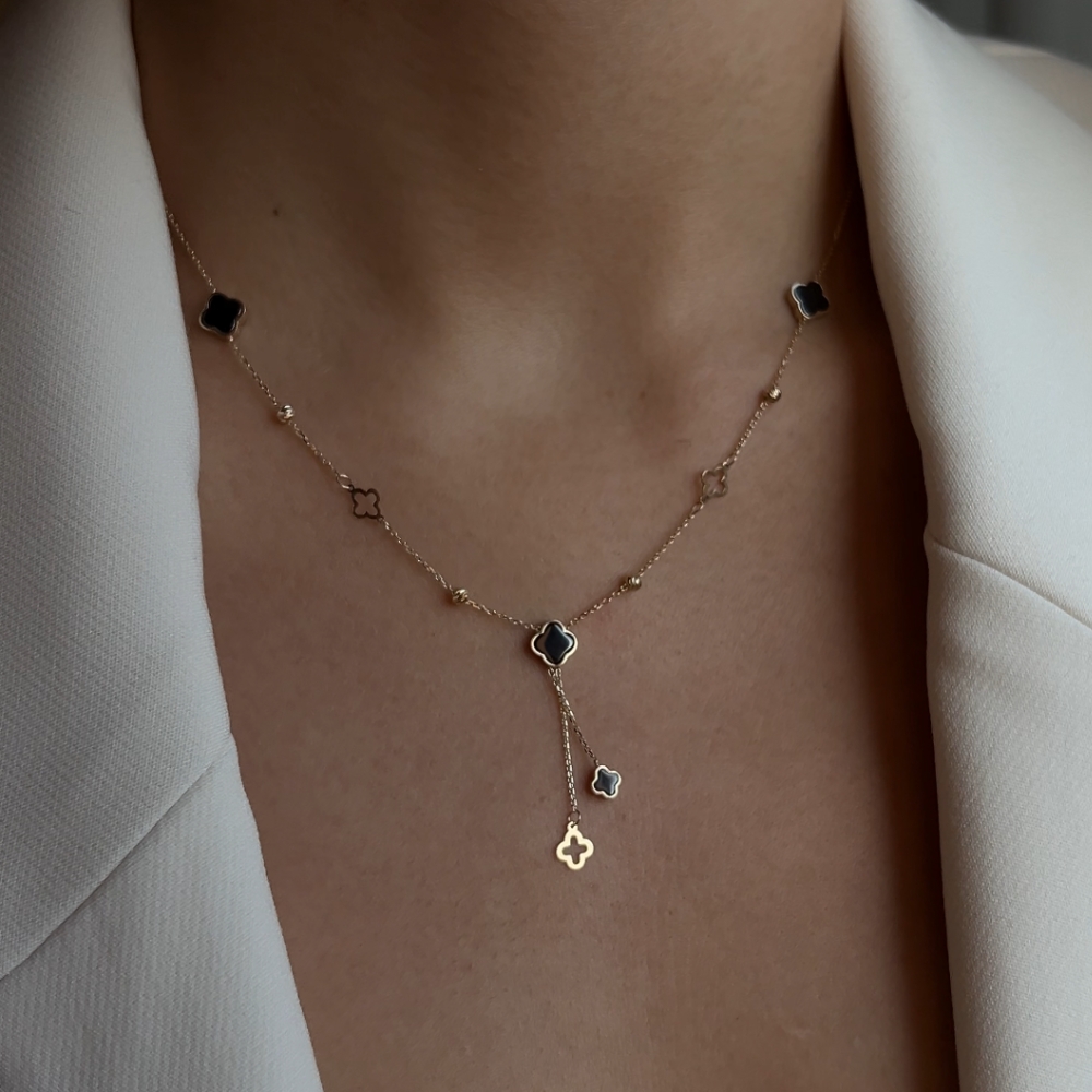 Złoty naszyjnik kolia czarne koniczynki koniczyny marokańskie złoto 585 14k krawatka wiszące koniczynki najmodniejsze czarne kamienie kuleczki diamentowane błyszczące prezent dla niej 4 czarne koniczyny koniczyny ramki 7 koniczyn marokańskich luksusowych