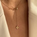 Złoty naszyjnik złoto 585 14k koniczynka kwiatek diamentowany cały złoty najmodniejszy wzór regulowana kuleczka kulka regulowana krawatka prezent dla niej modowy naszyjnik stylowy nietuzinkowy