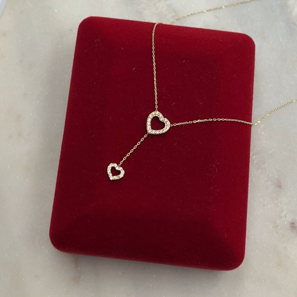 Złoty naszyjnik dwa serduszka krawatka złoto 585 14k serduszko wysadzane cyrkoniami błyszczące naszyjnik serce serduszko z cyrkoniami idealny prezent dla niej na walentynki na urodziny naszyjnik z sercem dla niej