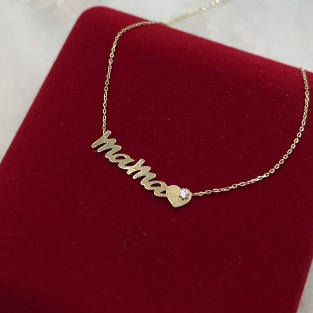 Złoty naszyjnik z napisem mama serduszko serce cyrkonia wysadzany kamień z kamyczkiem błyszczącym Dzień Matki dla Mamy świeżo upieczona mama prezent dla mamy biżuteria dla mamy naszyjnik mama złoto 585 14k