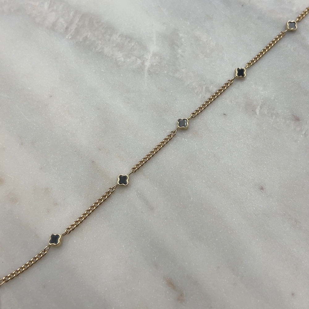 Złota bransoletka 5 czarnych koniczyn koniczynek złoto 585 14k pancerka najmodniejsze koniczynki luksusowe marokańskie delikatne małe koniczynki z emalią mocny splot prezent dla niej wyjatkowa bransoletka