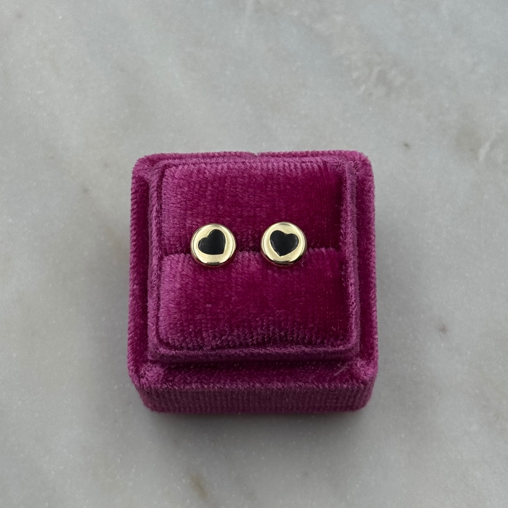 Złote kolczyki okrągłe czarne serce emalia kolczyki złote wkrętki na sztyft na zatyczkę dla niej złoto 585 14k czarne serduszko serce