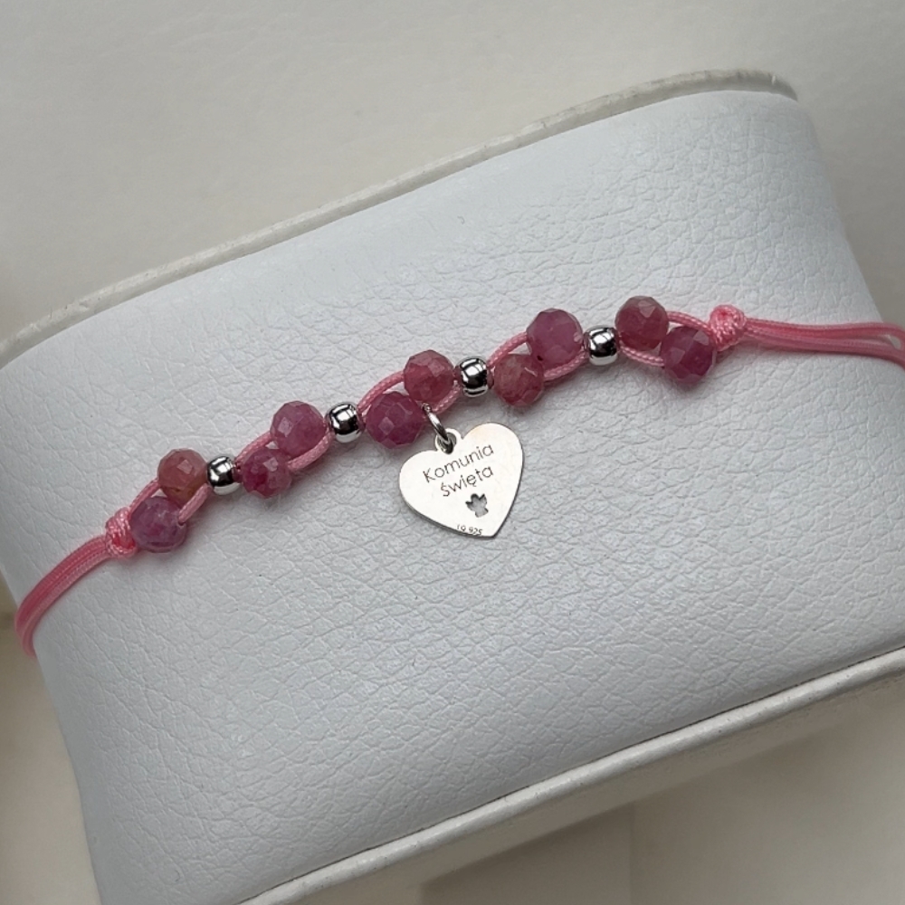 Bransoletka Komunia Święta aniołek srebro 925 rodowane kamienie naturalne turmaliny różowe prezent komunijny upominek dla dziewczynki komunijnej na różowym sznureczku diament opalenica