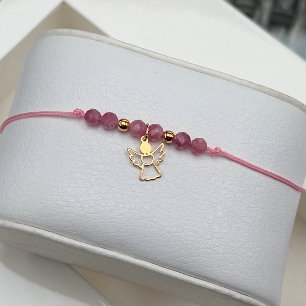 Bransoletka na Komunię Świętą prezent komunijny bransoletka na różowym sznurku srebro 925 pozłacane 24kt złotem kamienie naturalne turmaliny upominek dla dziewczynki komunijnej