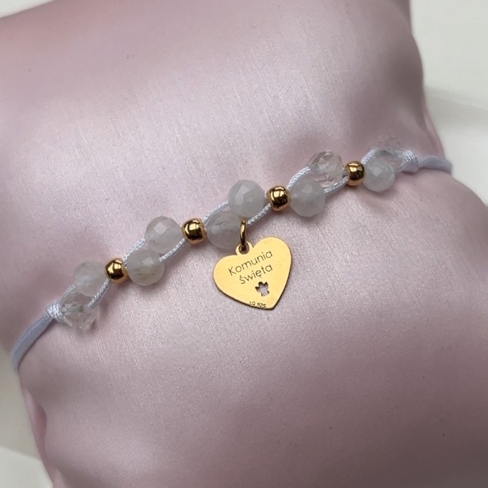 Bransoletka kamienie naturalne srebro 925 pozłacana złocone serduszko wiszące Komunia Święta aniołek bransoletka biały sznureczek makrama upominek prezent komunijny dla dziewczynki komunijnej diament opalenica