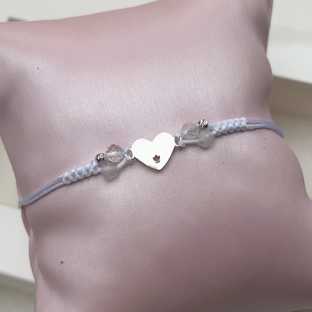 Bransoletka na białym sznureczku dla niej dla dziewczynki komunijnej pod grawer srebro 925 kamienie naturalne kamienie księżycowe upominek prezent komunijny