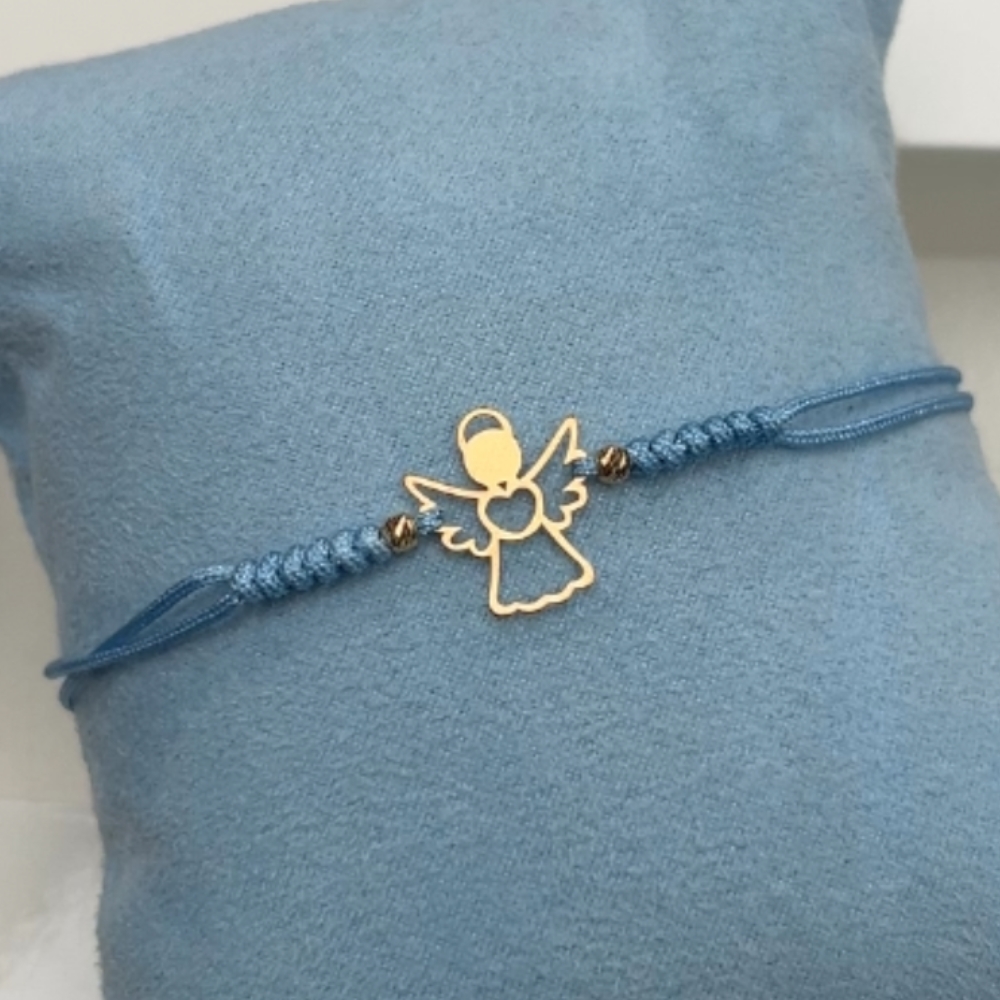 Bransoletka na niebieskim sznureczku sznurku aniołek Komunia Święta prezent komunijny srebro pozłacane złocone srebro 925 pozłacane 24kt złotem prezent dla dziewczynki dla chłopczyka aniołek makrama pomysł na upominek komunijny