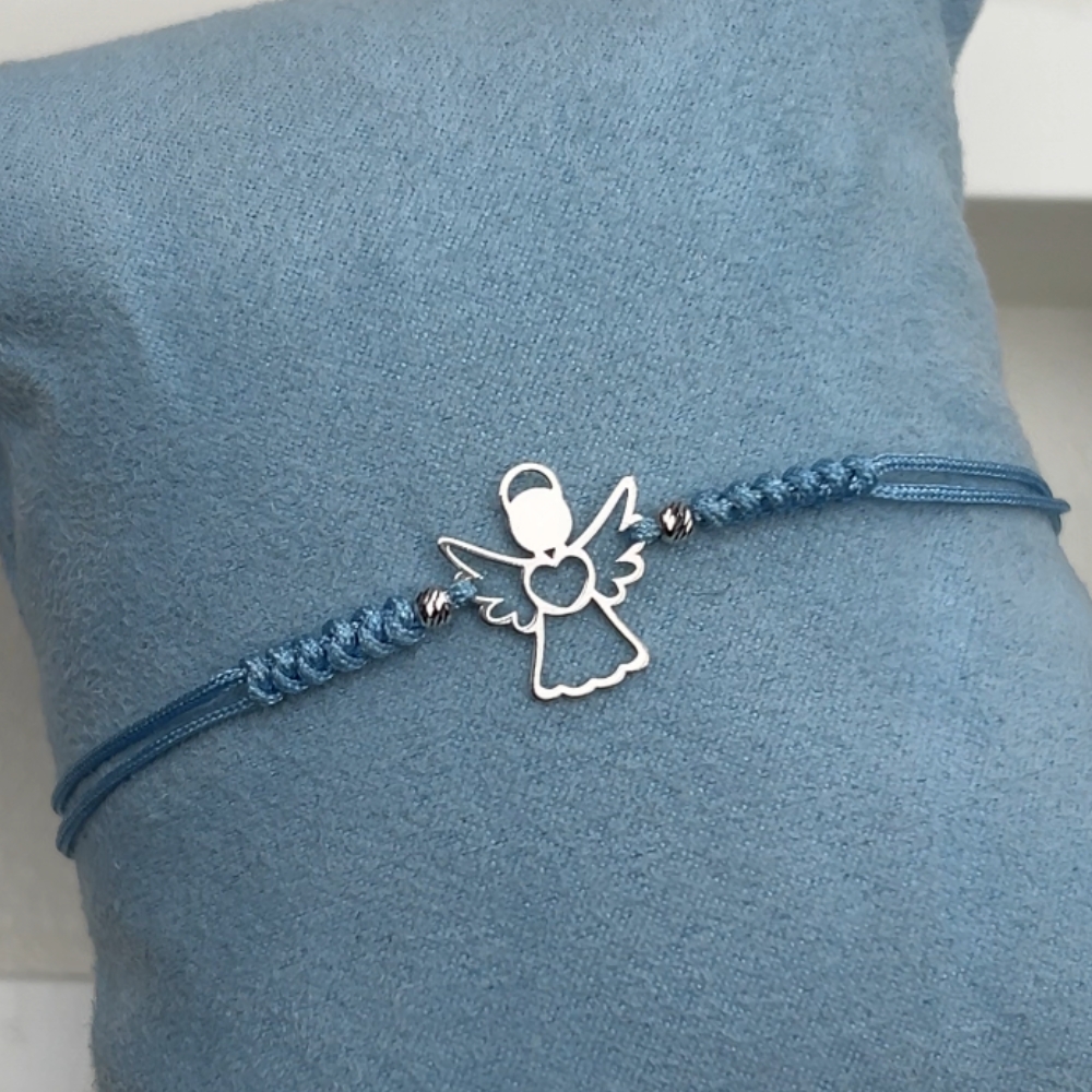 Bransoletka na Komunię Świętą na niebieskim sznurku srebro 925 aniołek makrama upominek komunijny pomysł na prezent komunijny dla dziewczynki dla chłopca