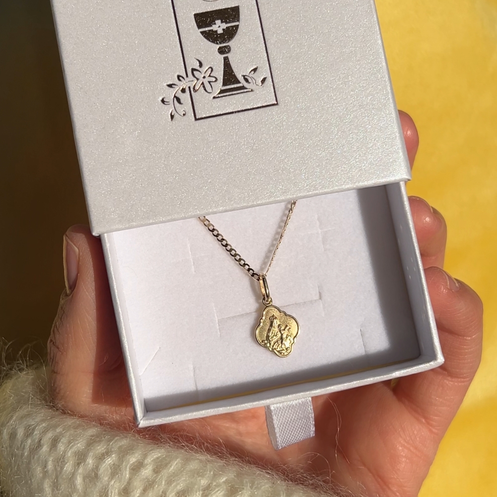 Komplet komunijny medalik z łańcuszkiem złoto 585 14kt pancerka medalik szkaplerz dwustronny mat i połysk dla chłopca dla dziwczynki prezent komunijny wysoka próba łańcuszek 50cm