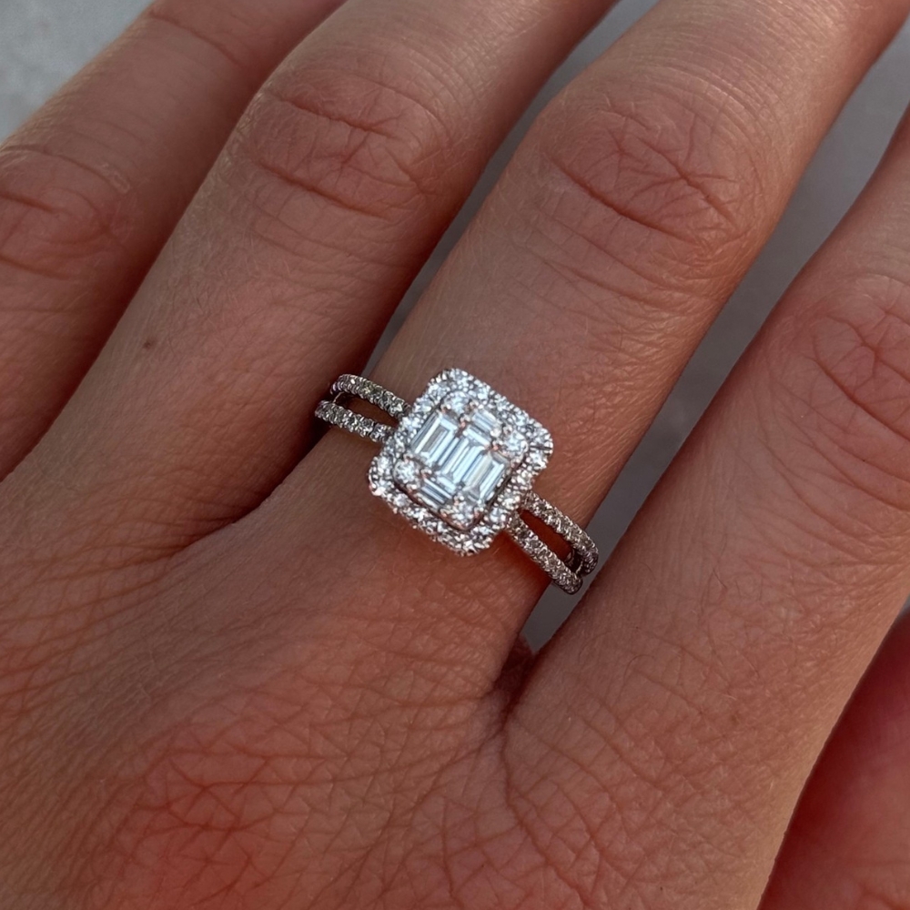 Złoty pierścionek z diamentami bagietkowy bagietki złoto 585 14kt ozdobna szyna wielokamieniowy 83 diamenty 0,7ct diamenty naturalne kształt bagietkowy prostokątny wyjątkowy pierścionek z diamentami idealny na prezent