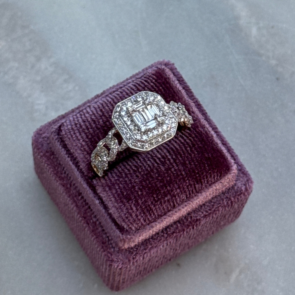 Złoty pierścionek z diamentami złoto 585 14k wielokamieniowy wyjatkowy pierścionek z diamentami łańcuchowy splot nietuzinkowy wzór stylowy elegancki pierścionek z diamentami prezent dla niej wyjatkowy