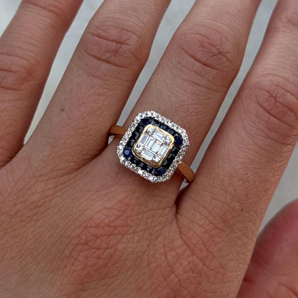 Pierścionek z szafirami 16 szafirów 44 diamenty złoto 585 14kt szafir 0,76ct kwadratowy okazały wyjątkowy pierścionek z kamieniami szlachetnymi żółte złoto pierścionek na prezent na rocznicę na wyjątkową okazję 0,51ct diamenty