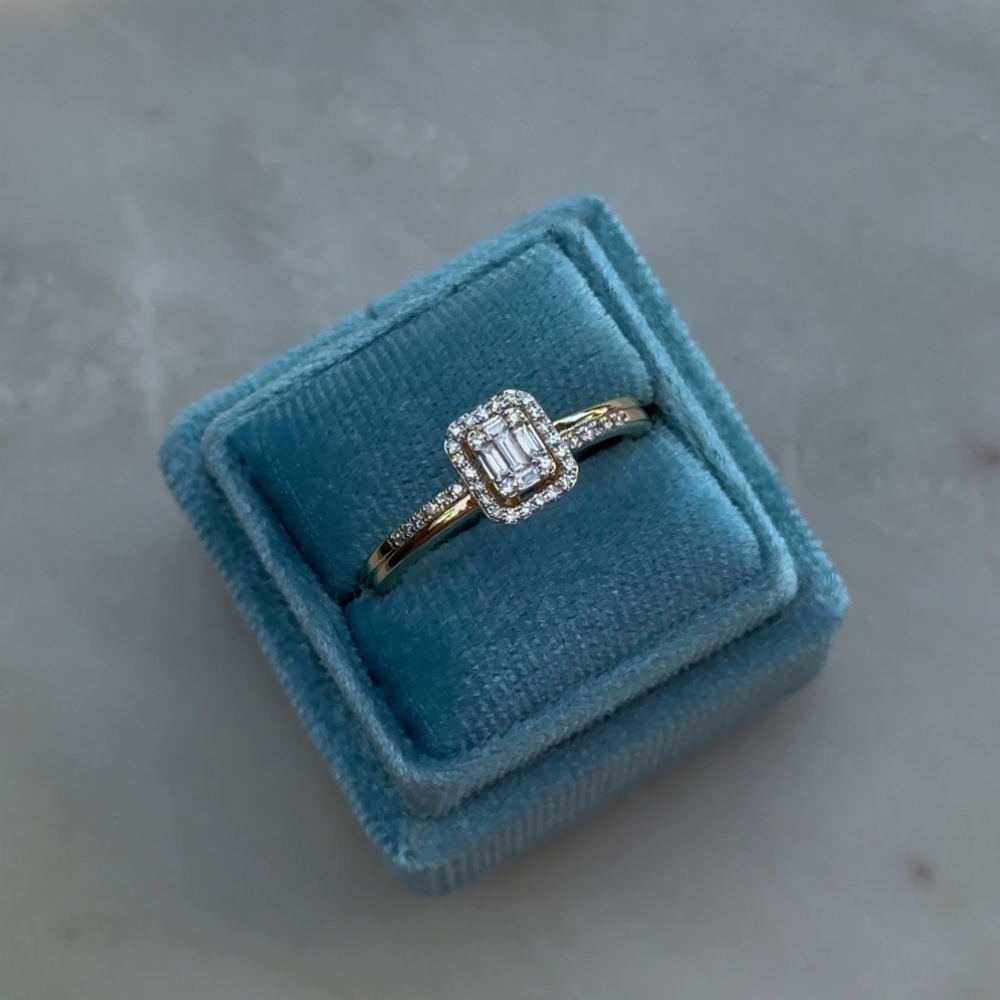 Pierścionek zaręczynowy wielokamieniowy złoto 585 14kt bagietki bagietkowy 43 diamenty 0,2ct kamienie na szynie wyjątkowy pierścionek prostokątny kwadratowy bagietki diamenty naturalne pierścionek na zaręczynowy