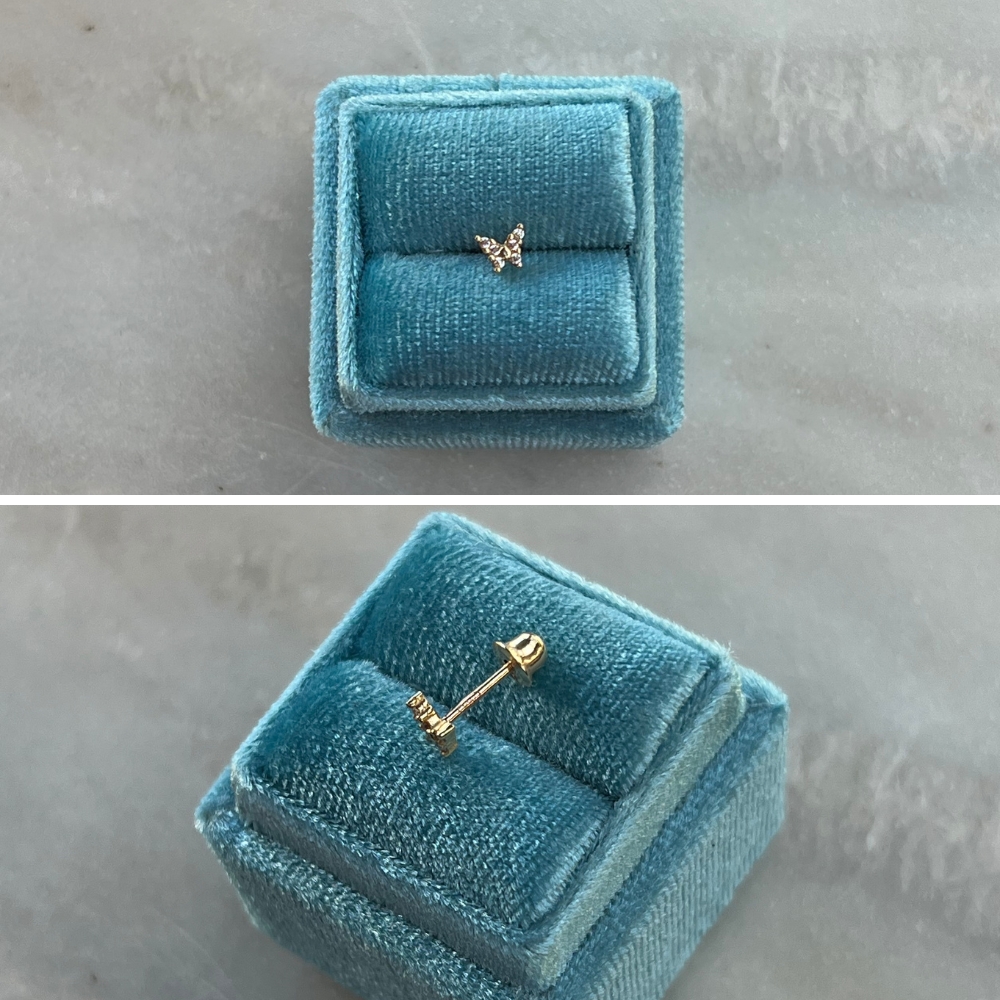 Kolczyk do piercingu motylek motyl złoto 375 9kt motyl wysadzany cyrkoniami z kamieniami błyszczący złoty piercing zakręcany tył płaski wygodny tył 7mm 6mm ozdobny błyszczący motylek