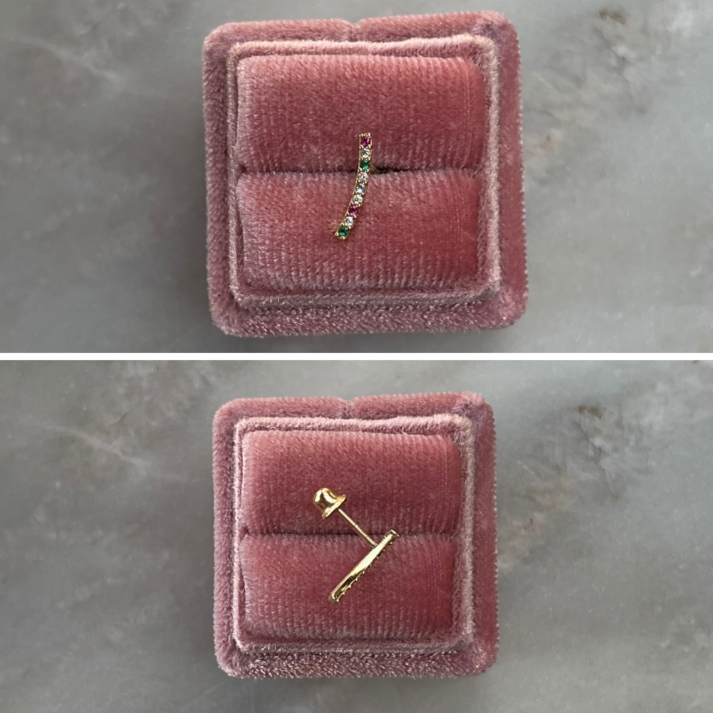 Kolczyk do piercingu piercing złoto 375 9kt płaski tył zakręcany kolorowe kamienie podłużny do helixa upper lobbe złoty kolczyk do stylizacji ucha labret zakręcany a tyle